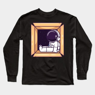 Cute Astronaut Sleeping In Box Cartoon Long Sleeve T-Shirt